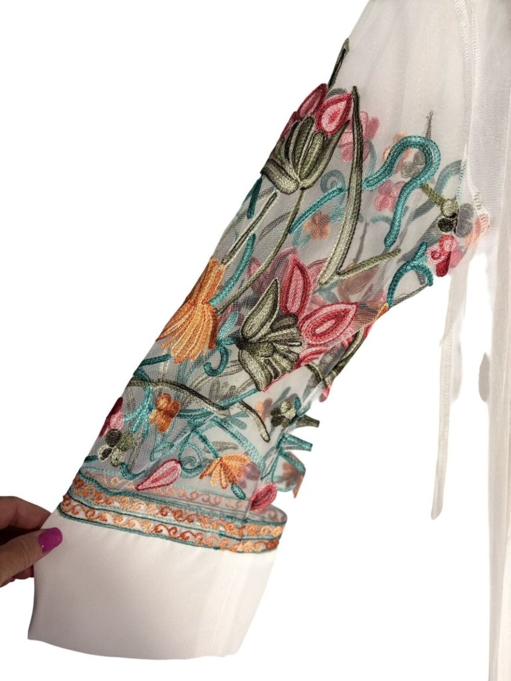 Floral Embroidered Sheer Kimono Cover-Up With White Hem & 3/4 Sleeves - XL - Picture 5 of 9